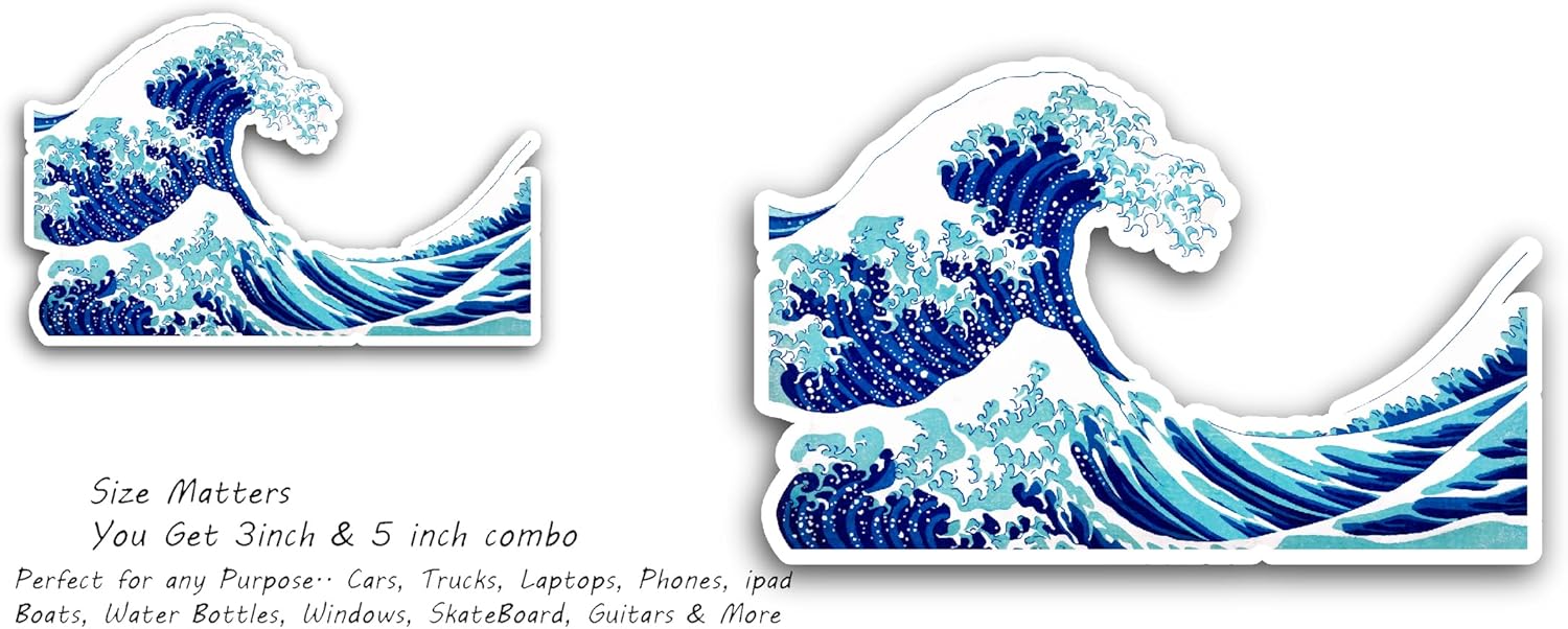 2 (Pieces) 3" and 5" Great Wave Sticker, Waterproof Vinyl Decals for Many Purpose Like Cars, Trucks, Laptops, Phones, Windows and More