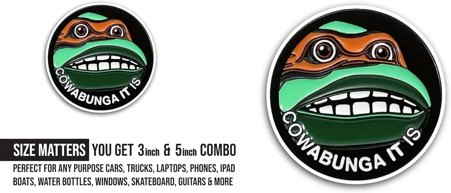 2 (Pieces) 3" and 5" Cowabunga It is Sticker, Waterproof Vinyl Decals for Many Purpose Like Cars, Trucks, Laptops, Phones, Windows and More