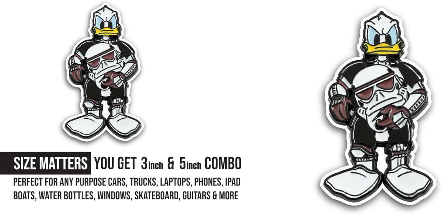 2 (Pieces) 3" and 5" Duck in Robotic Outfit Sticker, Waterproof Vinyl Decals for Many Purpose Like Cars, Trucks, Laptops, Phones, Windows and More