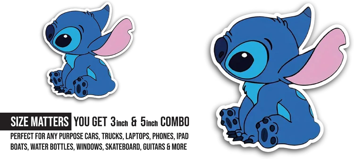 2 (Pieces) 3" and 5" Stitch Character Sticker, Waterproof Vinyl Decals for Many Purpose Like Cars, Trucks, Laptops, Phones, Windows and More