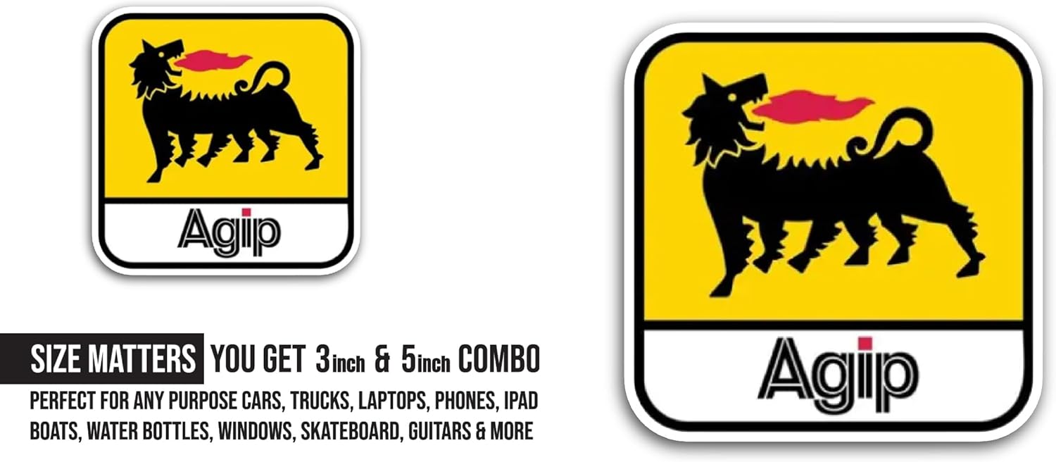 2 (Pieces) 3" and 5" Agip Logo Sticker, Waterproof Vinyl Decals for Many Purpose Like Cars, Trucks, Laptops, Phones, Windows and More