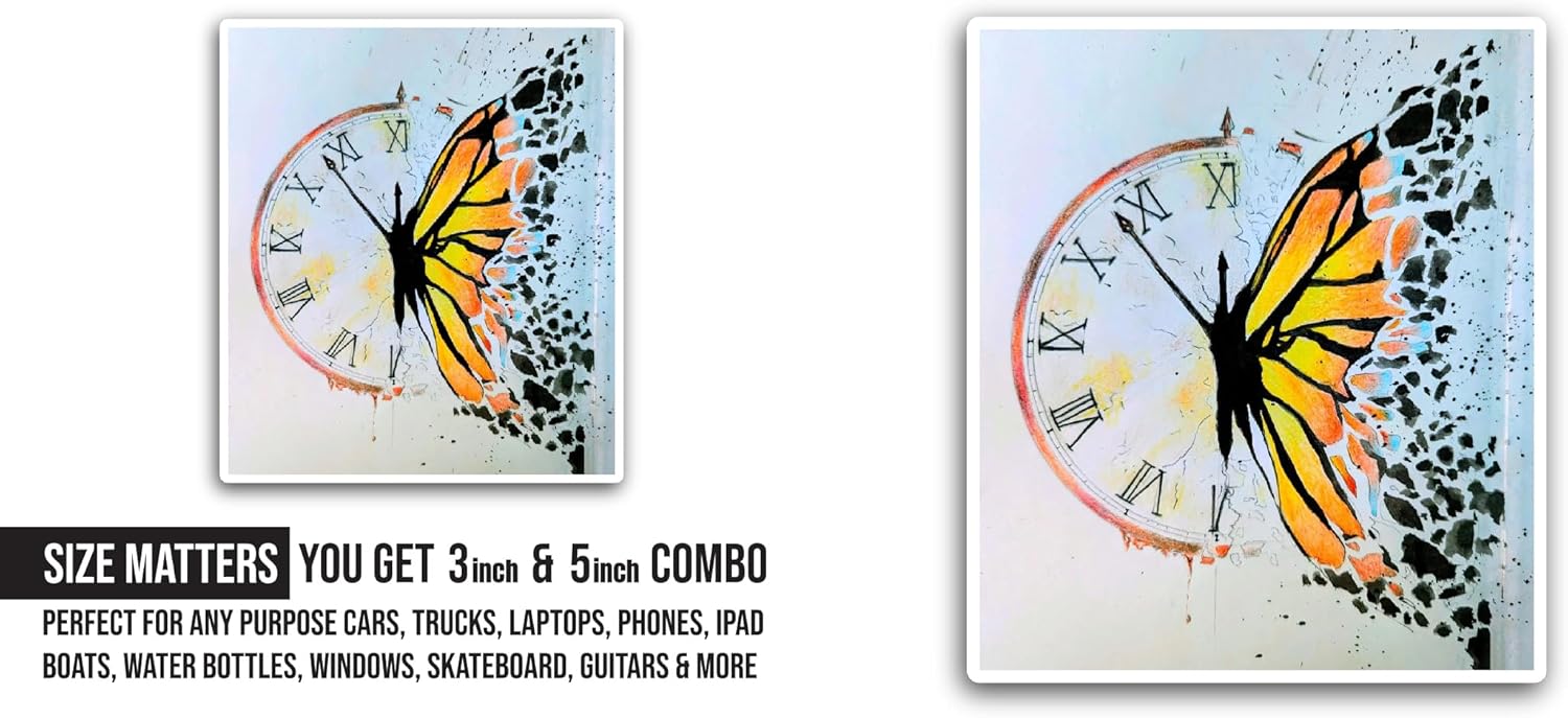 2 (Pieces) 3" and 5" Clock with Butterfly Sticker, Waterproof Vinyl Decals for Many Purpose Like Cars, Trucks, Laptops, Phones, Windows and More