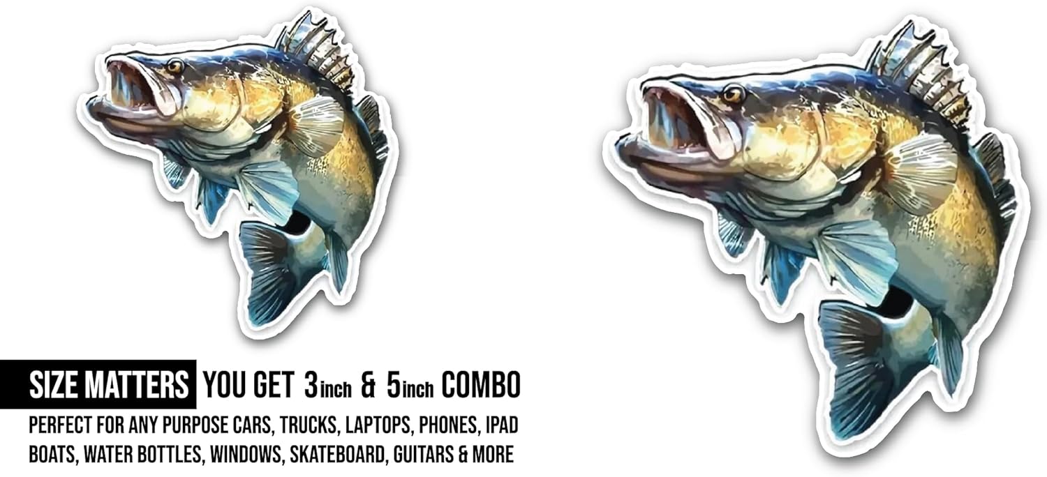 2 (Pieces) 3" and 5" Walleye Fish Sticker, Waterproof Vinyl Decals for Many Purpose Like Cars, Trucks, Laptops, Phones, Windows and More