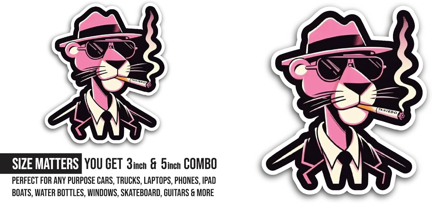 2 (Pieces) 3" and 5" Smoking Pink Panther Sticker, Waterproof Vinyl Decals for Many Purpose Like Cars, Trucks, Laptops, Phones, Windows and More