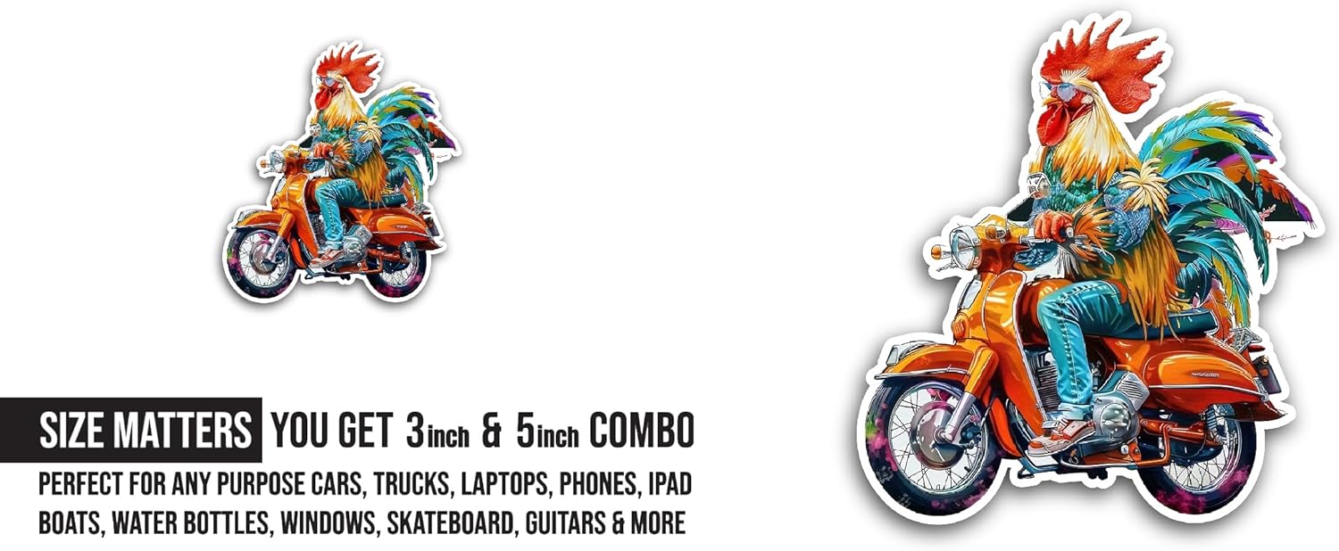 2 (Pieces) 3" and 5" Rooster On Motorcycle Sticker, Waterproof Vinyl Decals for Many Purpose Like Cars, Trucks, Laptops, Phones, Windows and More