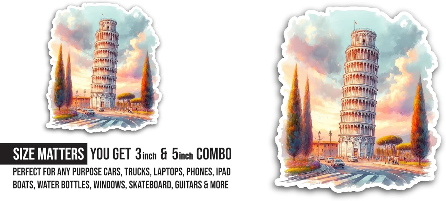 2 (Pieces) 3" and 5" Leaning Tower Sticker, Waterproof Vinyl Decals for Many Purpose Like Cars, Trucks, Laptops, Phones, Windows and More