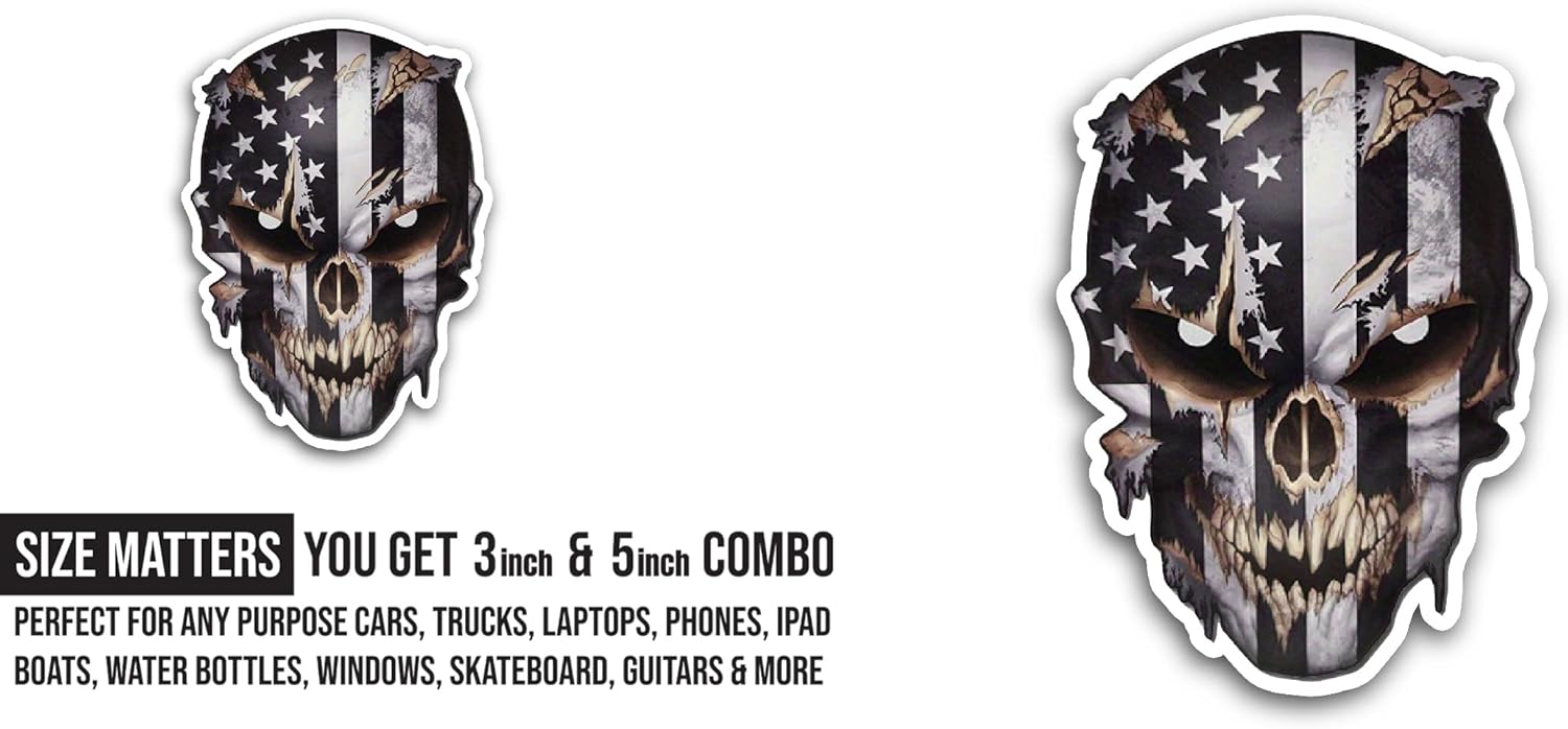 2 (Pieces) 3" and 5" Flag On Skull Sticker, Waterproof Vinyl Decals for Many Purpose Like Cars, Trucks, Laptops, Phones, Windows and More
