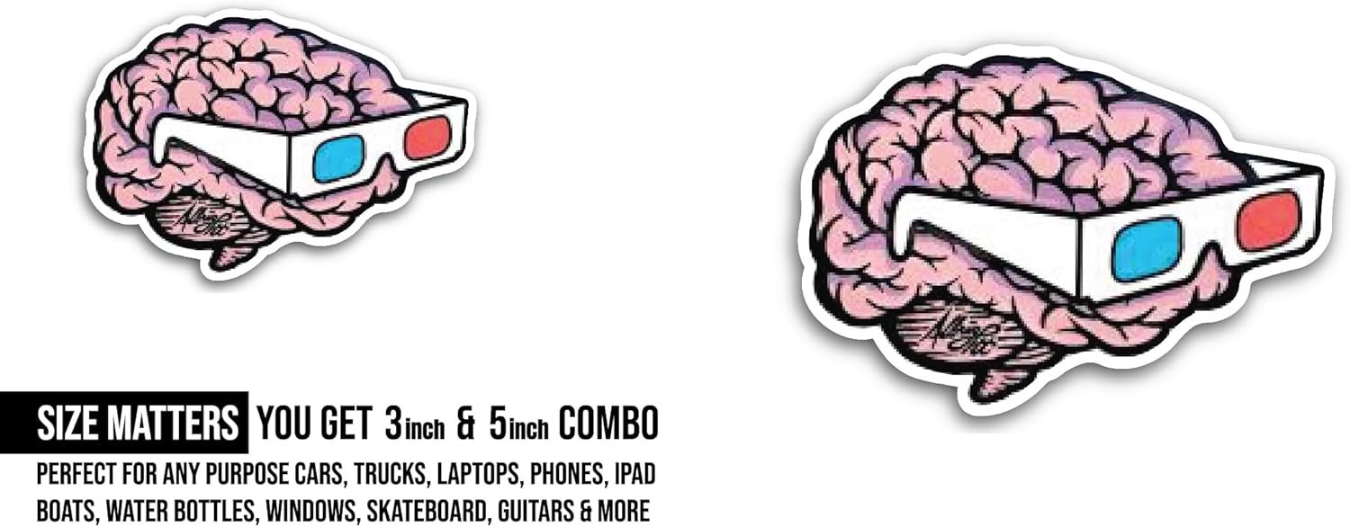 2 (Pieces) 3" and 5" Brain with Glasses Sticker, Waterproof Vinyl Decals for Many Purpose Like Cars, Trucks, Laptops, Phones, Windows and More