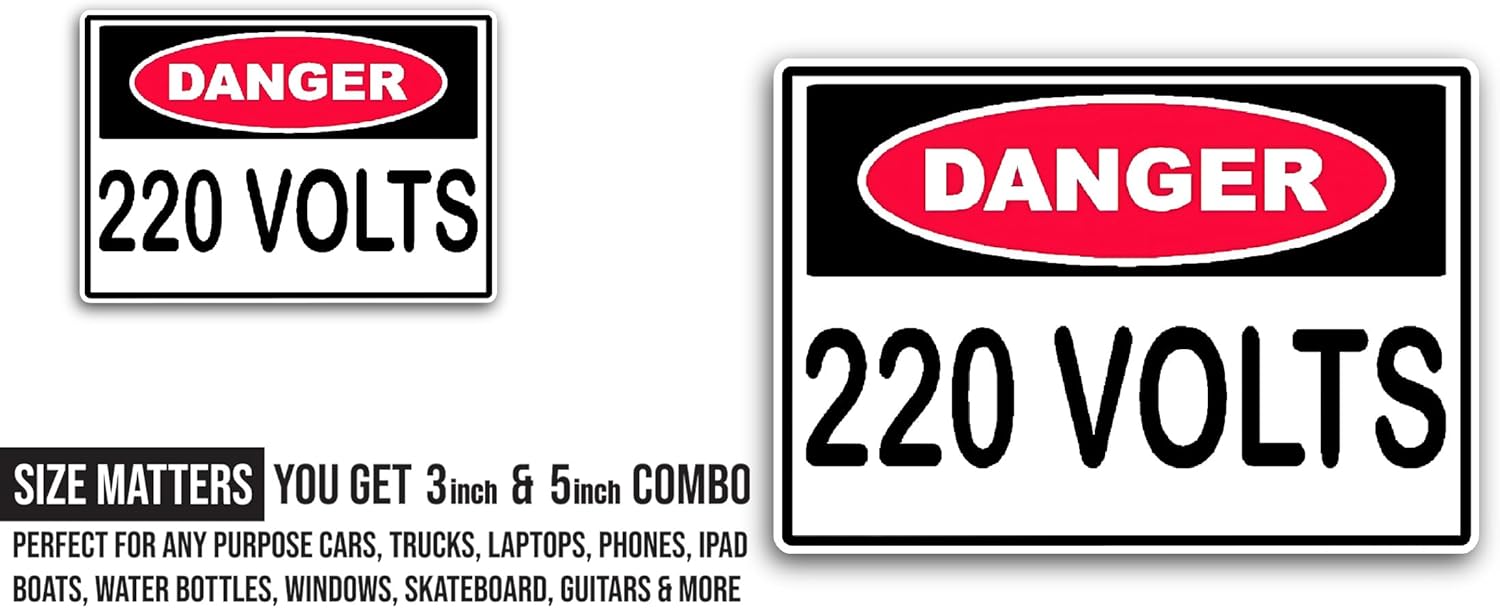 2 (Pieces) 3" and 5" Danger 220 Volts Sticker, Waterproof Vinyl Decals for Many Purpose Like Cars, Trucks, Laptops, Phones, Windows and More