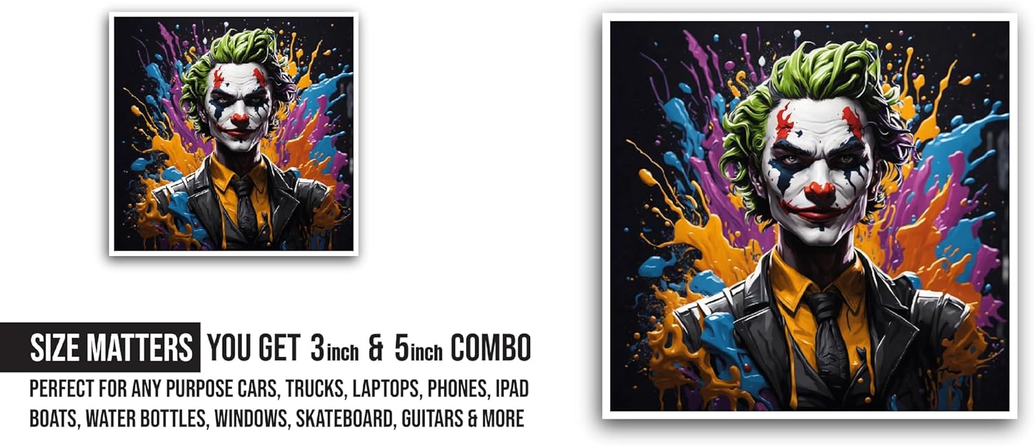2 (Pieces) 3" and 5" Psychedelic Joker Sticker, Waterproof Vinyl Decals for Many Purpose Like Cars, Trucks, Laptops, Phones, Windows and More