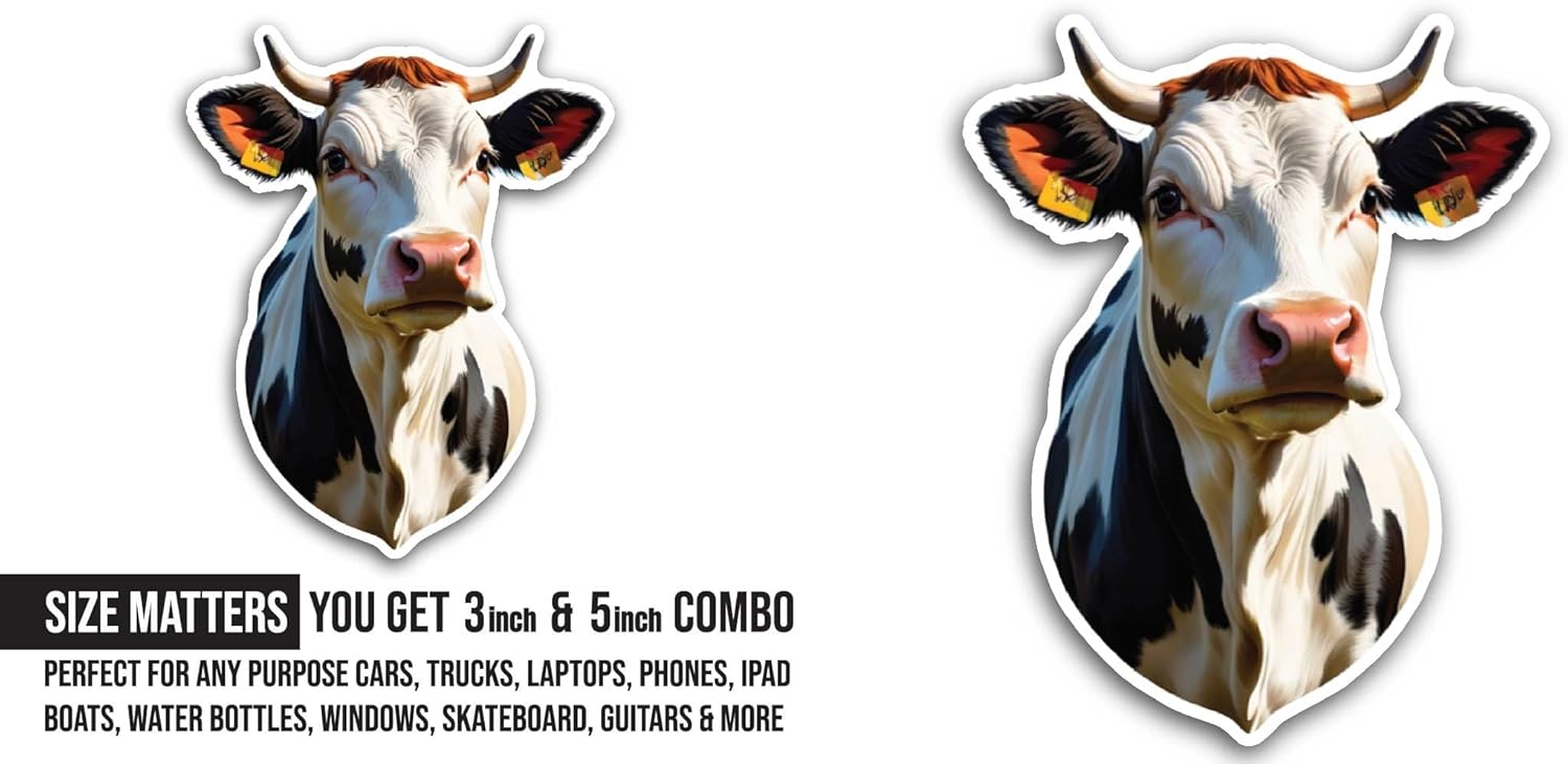 2 (Pieces) 3" and 5" Cow Sticker, Waterproof Vinyl Decals for Many Purpose Like Cars, Trucks, Laptops, Phones, Windows and More