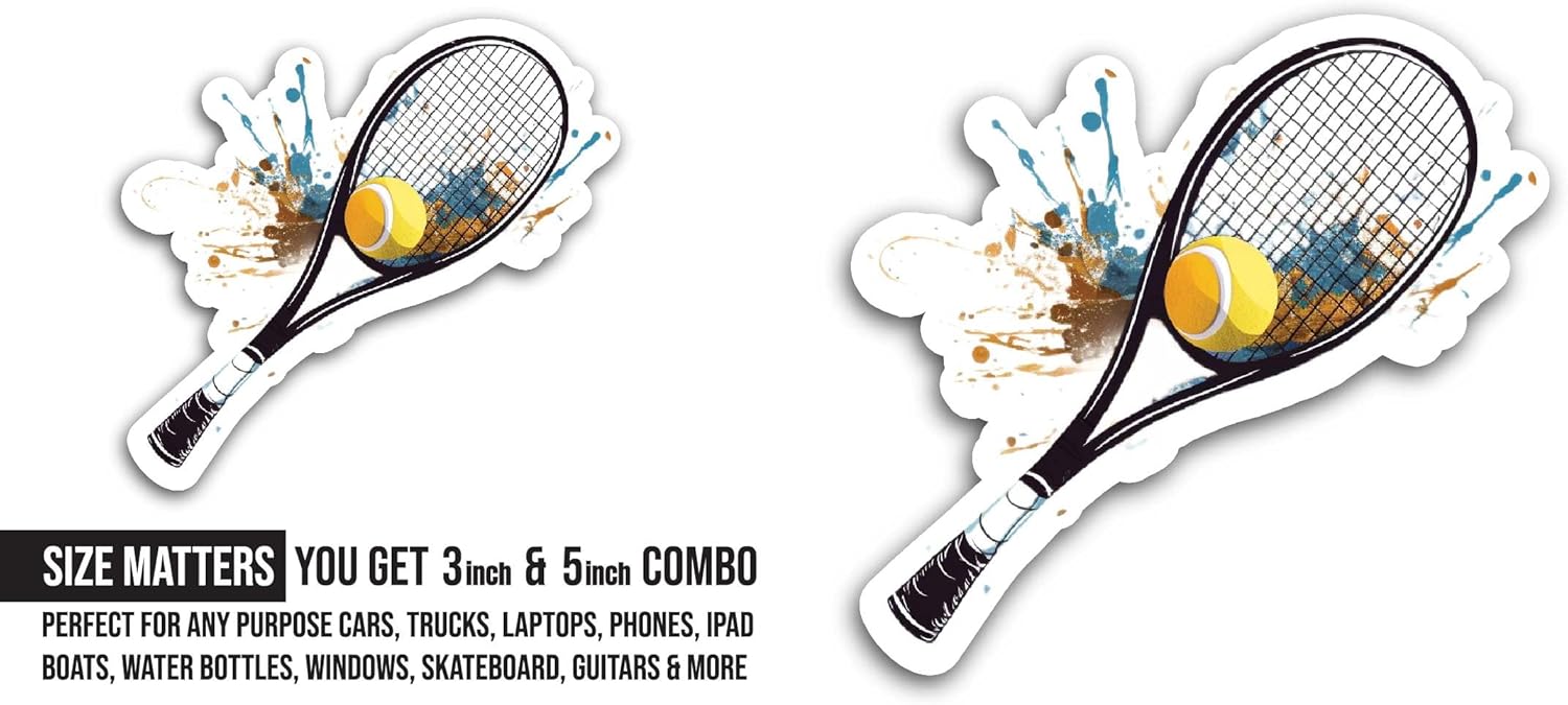 2 (Pieces) 3" and 5" Tennis Racket and Ball Sticker, Waterproof Vinyl Decals for Many Purpose Like Cars, Trucks, Laptops, Phones, Windows and More