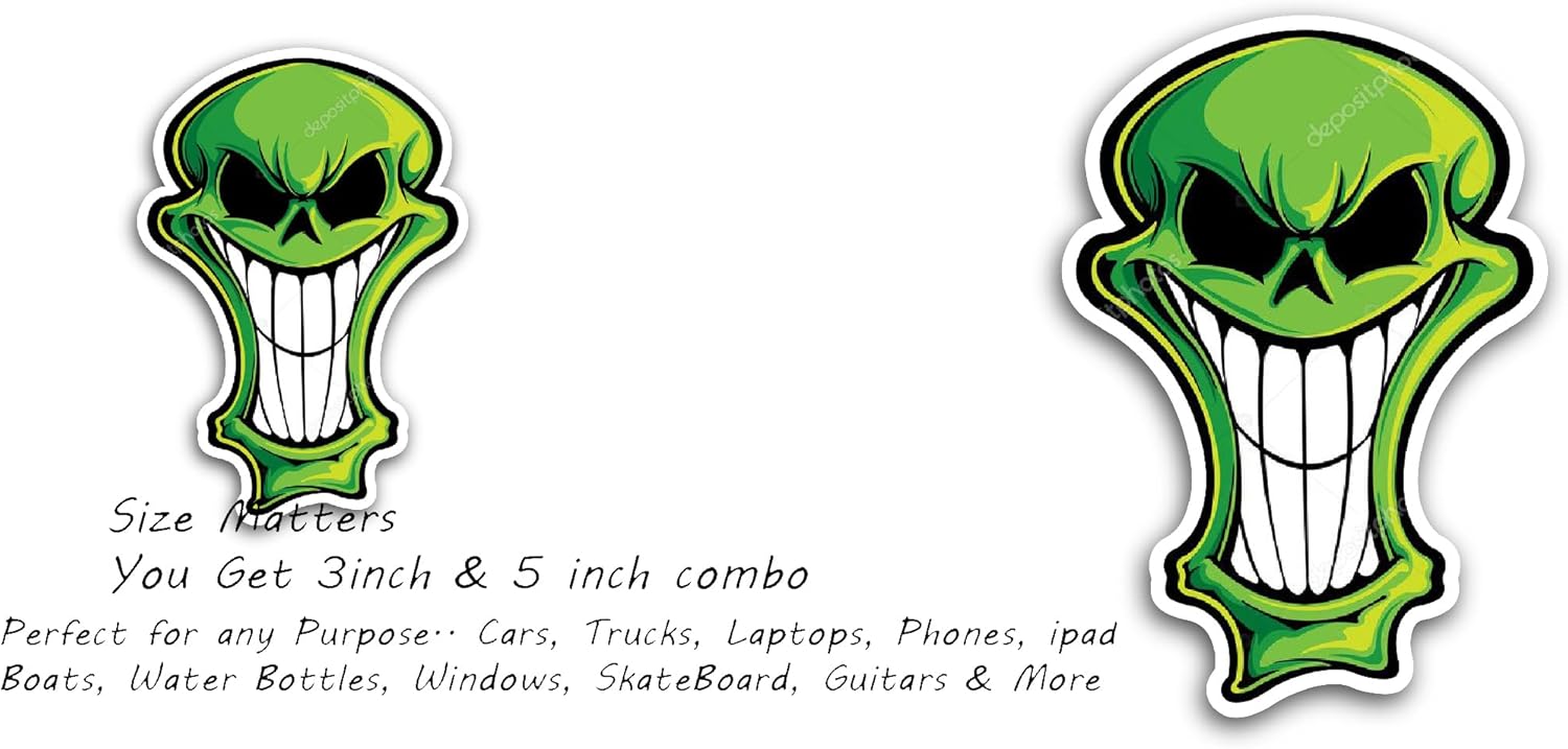2 (Pieces) 3" and 5" Green Scary Skull Sticker, Waterproof Vinyl Decals for Many Purpose Like Cars, Trucks, Laptops, Phones, Windows and More