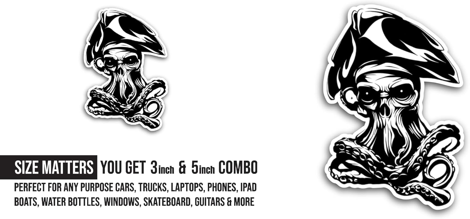 2 (Pieces) 3" and 5" Octopus Skull Sticker, Waterproof Vinyl Decals for Many Purpose Like Cars, Trucks, Laptops, Phones, Windows and More