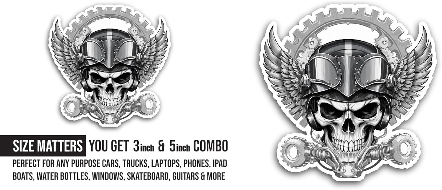 2 (Pieces) 3" and 5" Biker Skull Sticker, Waterproof Vinyl Decals for Many Purpose Like Cars, Trucks, Laptops, Phones, Windows and More