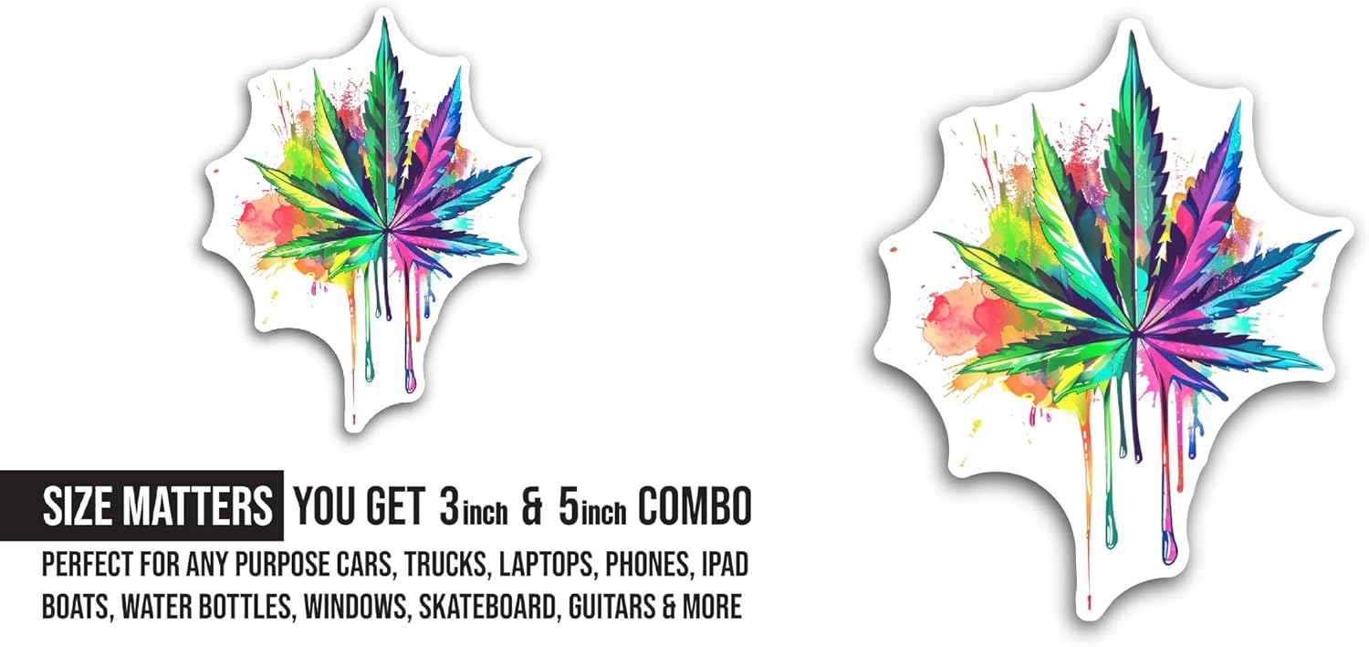 2 (Pieces) 3" and 5" Colorful Cannabis Leaf Sticker, Waterproof Vinyl Decals for Many Purpose Like Cars, Trucks, Laptops, Phones, Windows and More