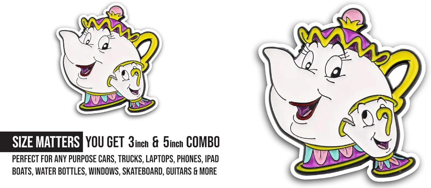 2 (Pieces) 3" and 5" Tea Pot and Mug with Faces Sticker, Waterproof Vinyl Decals for Many Purpose Like Cars, Trucks, Laptops, Phones, Windows and More