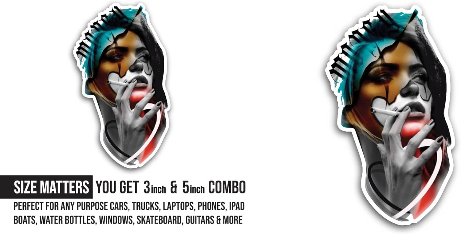 2 (Pieces) 3" and 5" Smoking Woman Sticker, Waterproof Vinyl Decals for Many Purpose Like Cars, Trucks, Laptops, Phones, Windows and More