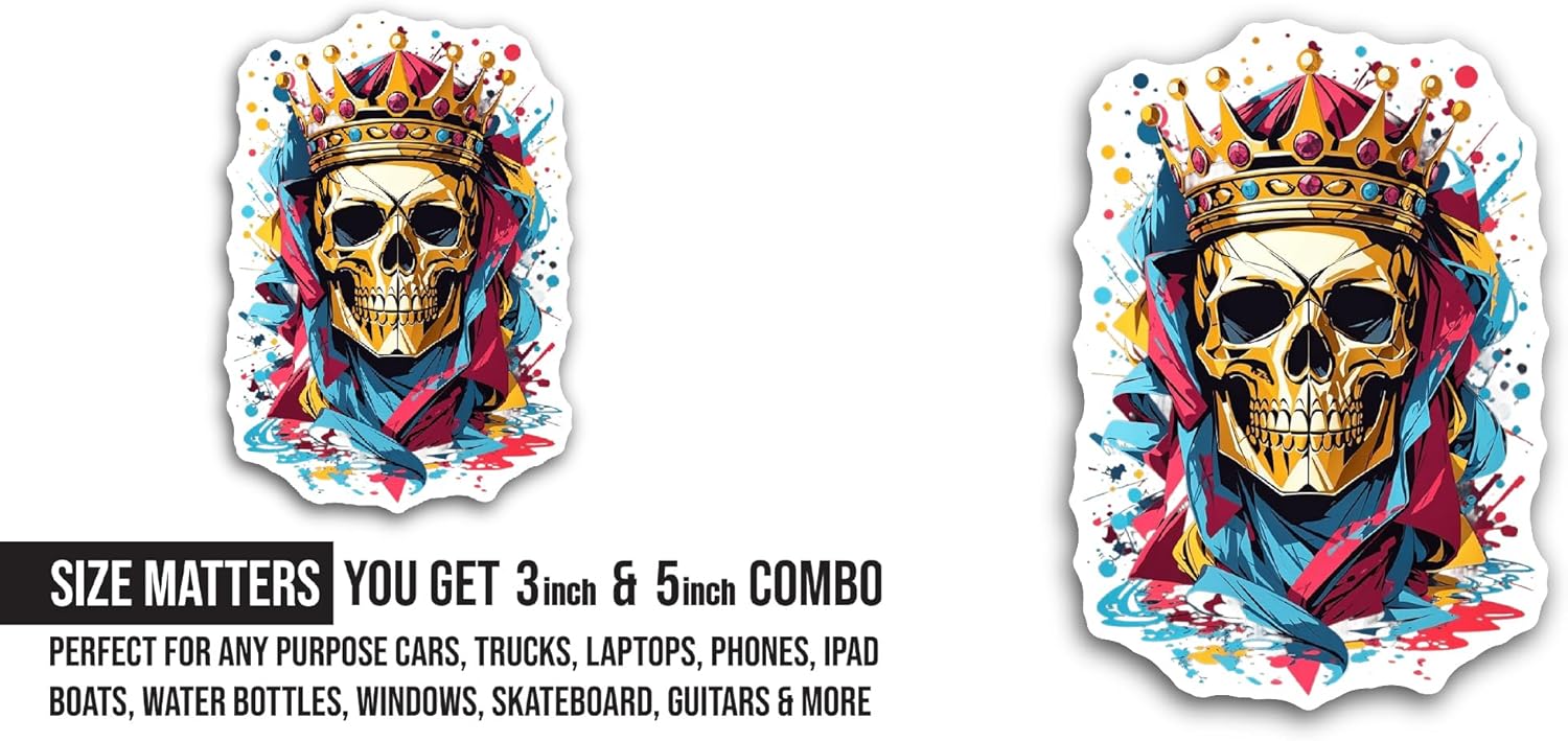 2 (Pieces) 3" and 5" Crowned Skull Sticker, Waterproof Vinyl Decals for Many Purpose Like Cars, Trucks, Laptops, Phones, Windows and More