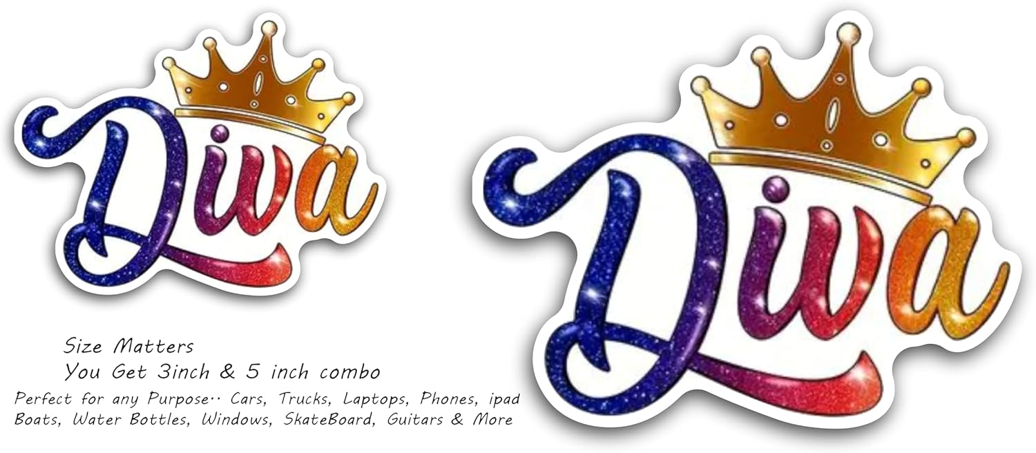 2 (Pieces) 3" and 5" Diva with gold crown Decal Sticker, Waterproof Vinyl Decals for Many Purpose Like Cars, Trucks, Laptops, Phones, Windows and More