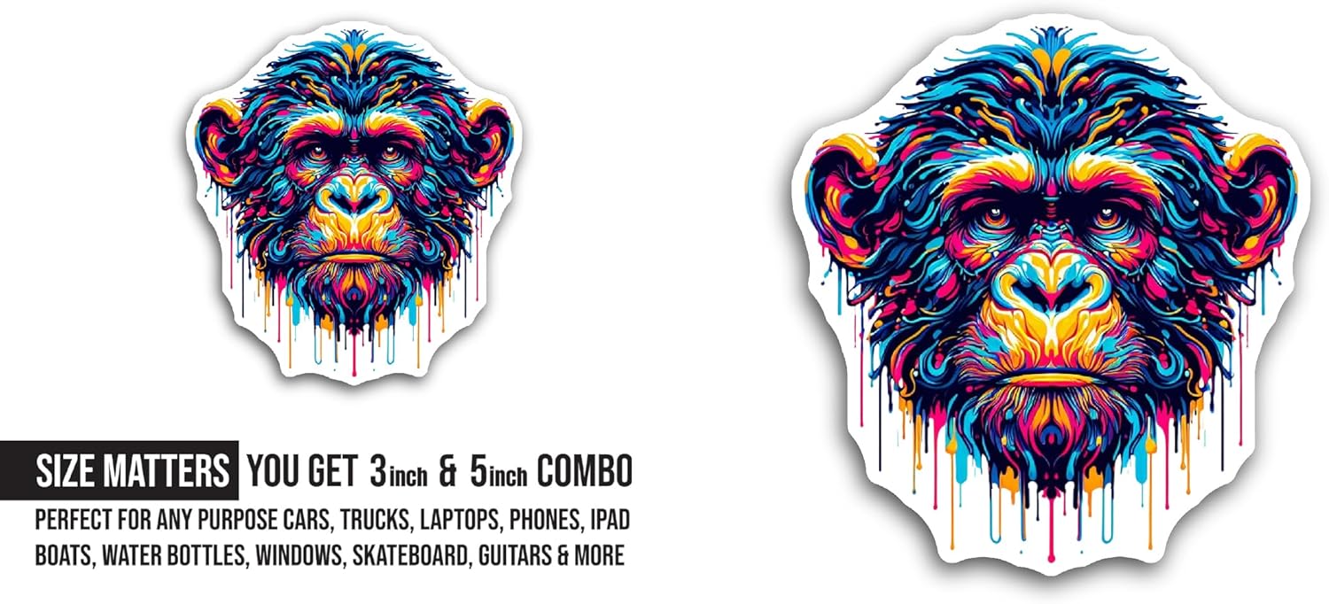 2 (Pieces) 3" and 5" Colorful Chimpanzee Sticker, Waterproof Vinyl Decals for Many Purpose Like Cars, Trucks, Laptops, Phones, Windows and More