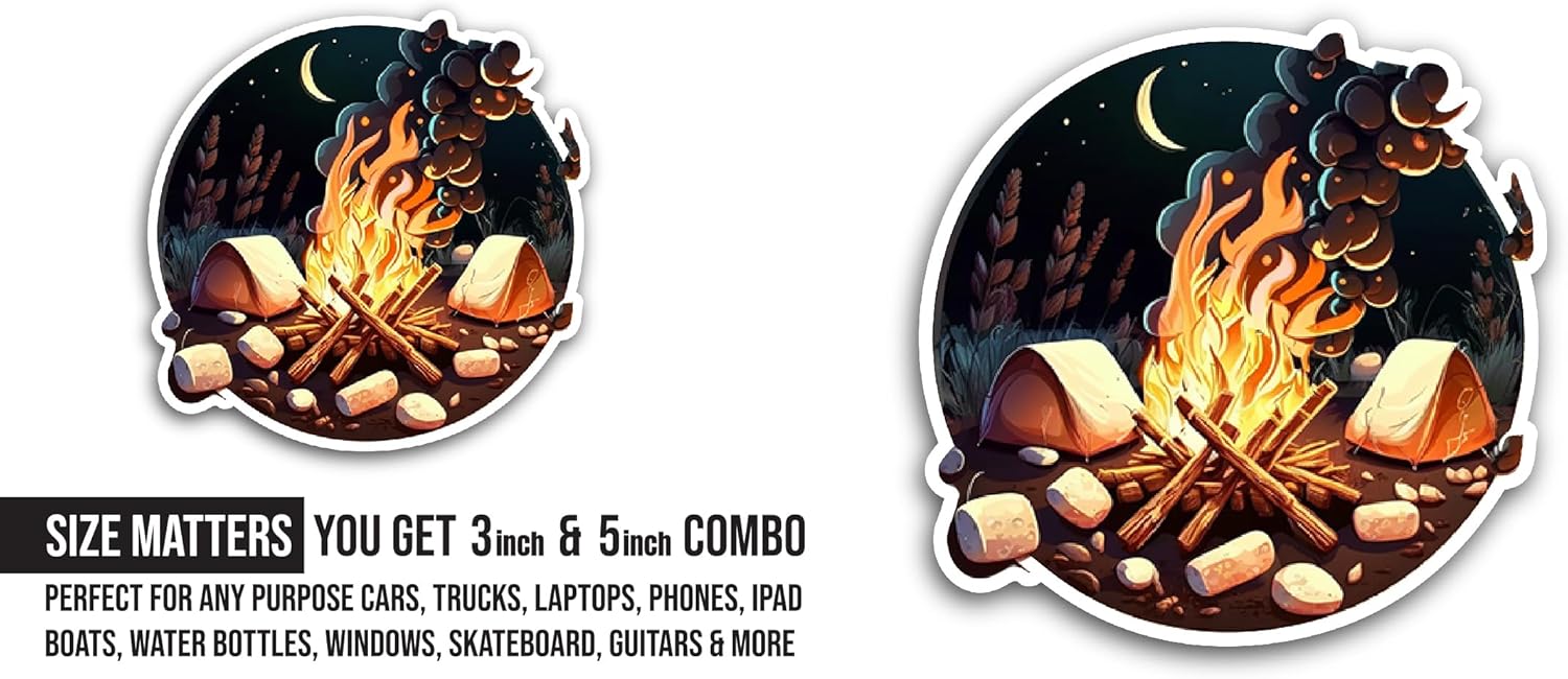 2 (Pieces) 3" and 5" Campfire Sticker, Waterproof Vinyl Decals for Many Purpose Like Cars, Trucks, Laptops, Phones, Windows and More