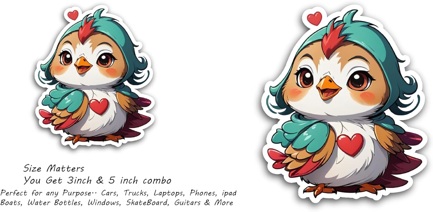 2 (Pieces) 3" and 5" Bird Cartoon Character Sticker, Waterproof Vinyl Decals for Many Purpose Like Cars, Trucks, Laptops, Phones, Windows and More