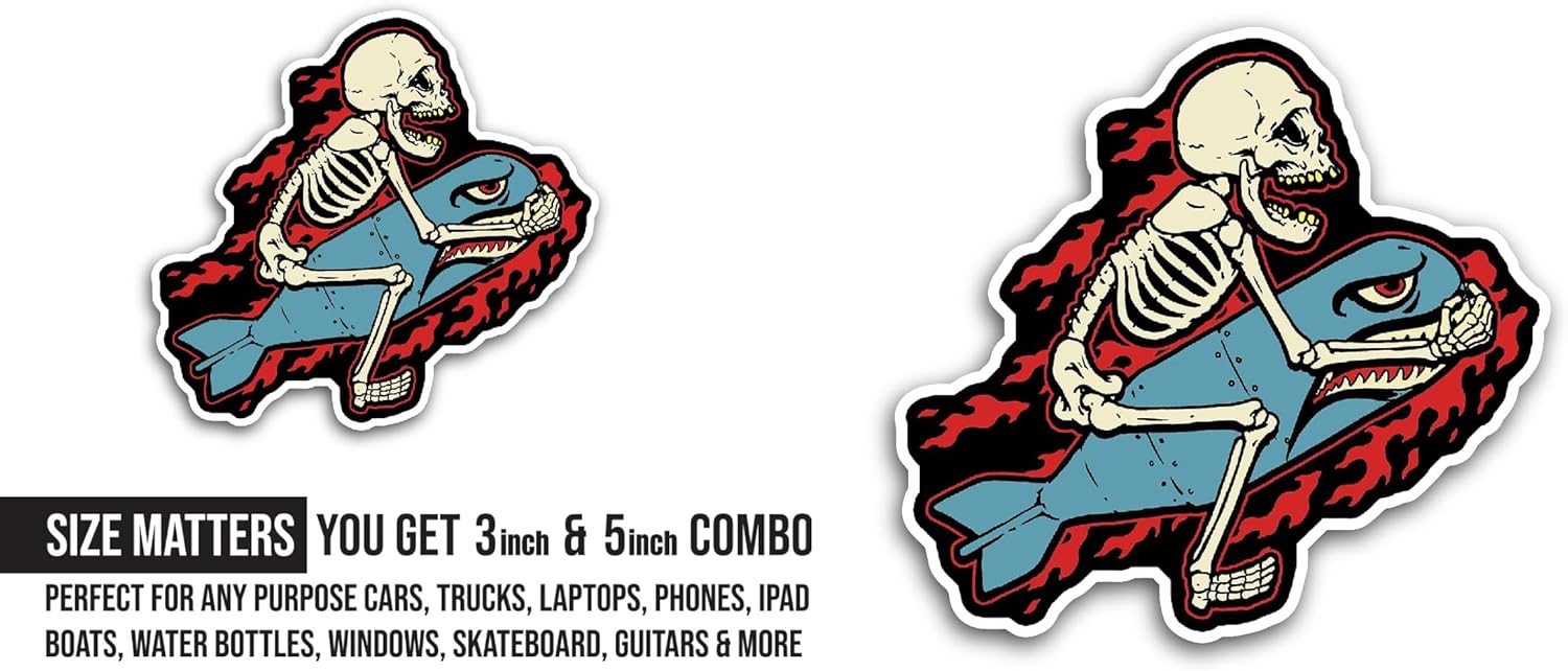 2 (Pieces) 3" and 5" Skeleton with Shark Sticker, Waterproof Vinyl Decals for Many Purpose Like Cars, Trucks, Laptops, Phones, Windows and More
