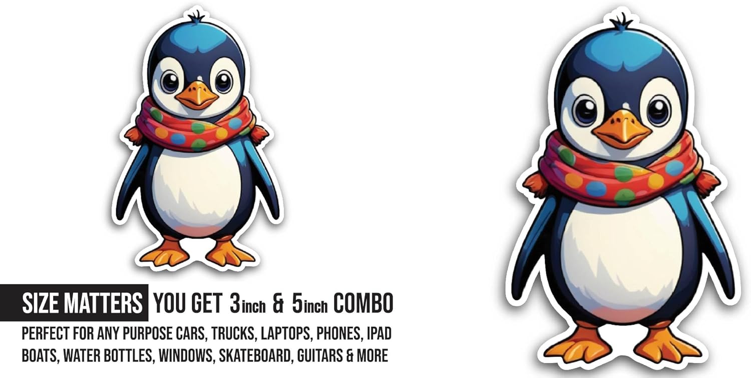 2 (Pieces) 3" and 5" Penguin with Scarf Sticker, Waterproof Vinyl Decals for Many Purpose Like Cars, Trucks, Laptops, Phones, Windows and More