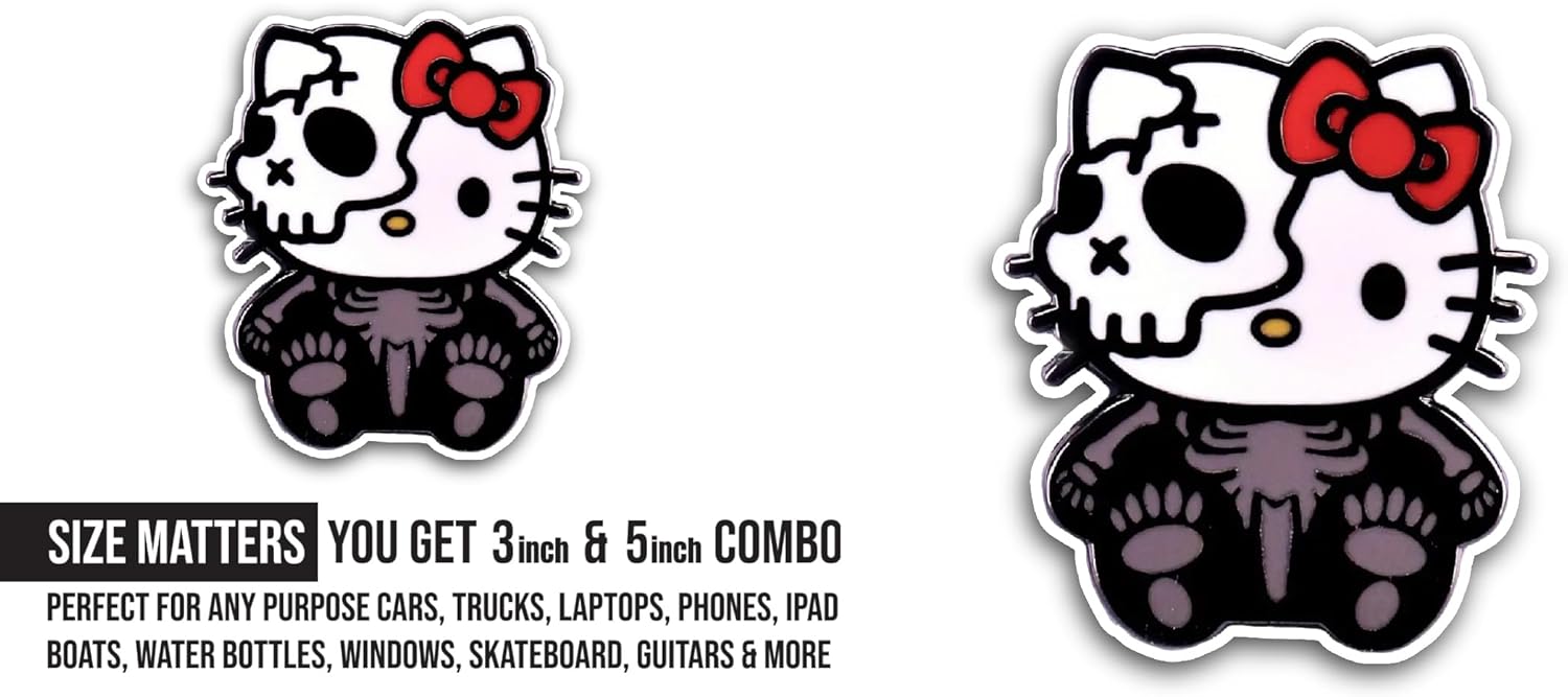 2 (Pieces) 3" and 5" Kitty Skeleton Sticker, Waterproof Vinyl Decals for Many Purpose Like Cars, Trucks, Laptops, Phones, Windows and More