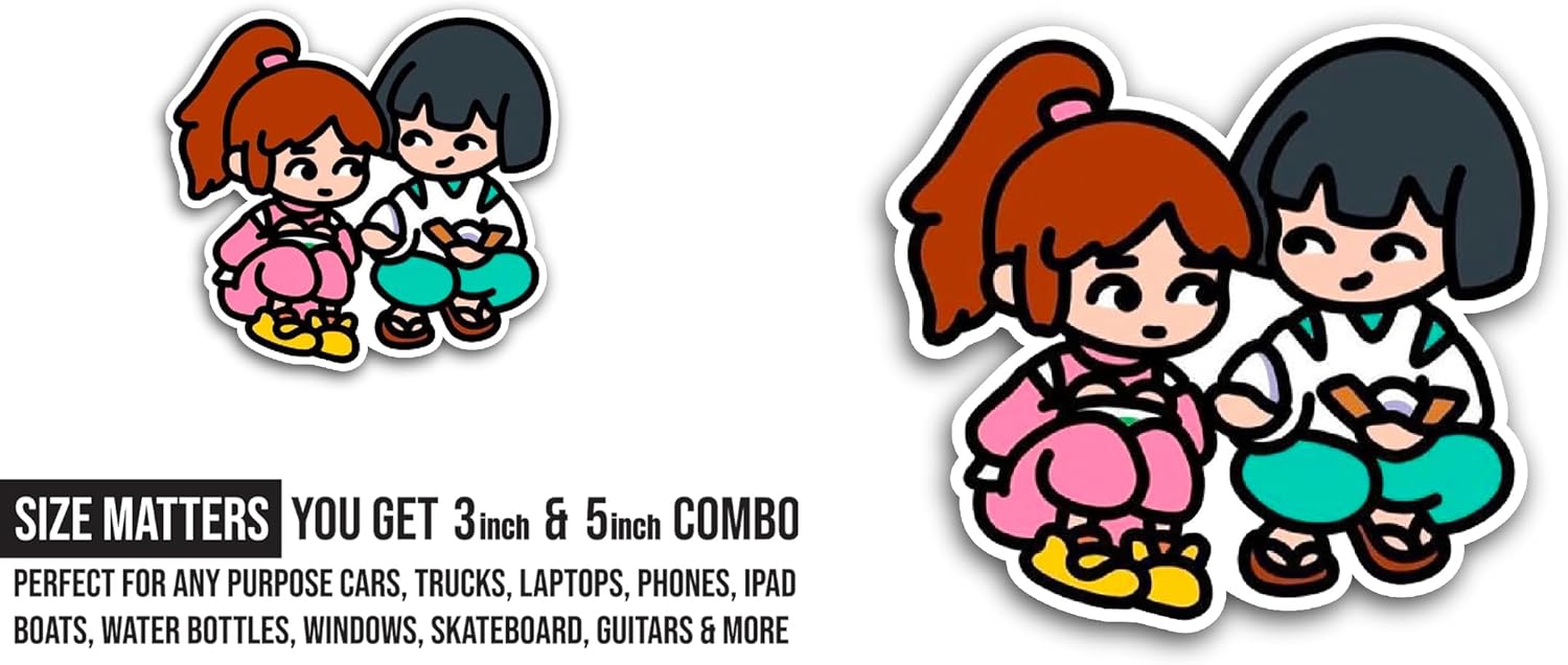 2 (Pieces) 3" and 5" Cartoon Friends Sticker, Waterproof Vinyl Decals for Many Purpose Like Cars, Trucks, Laptops, Phones, Windows and More