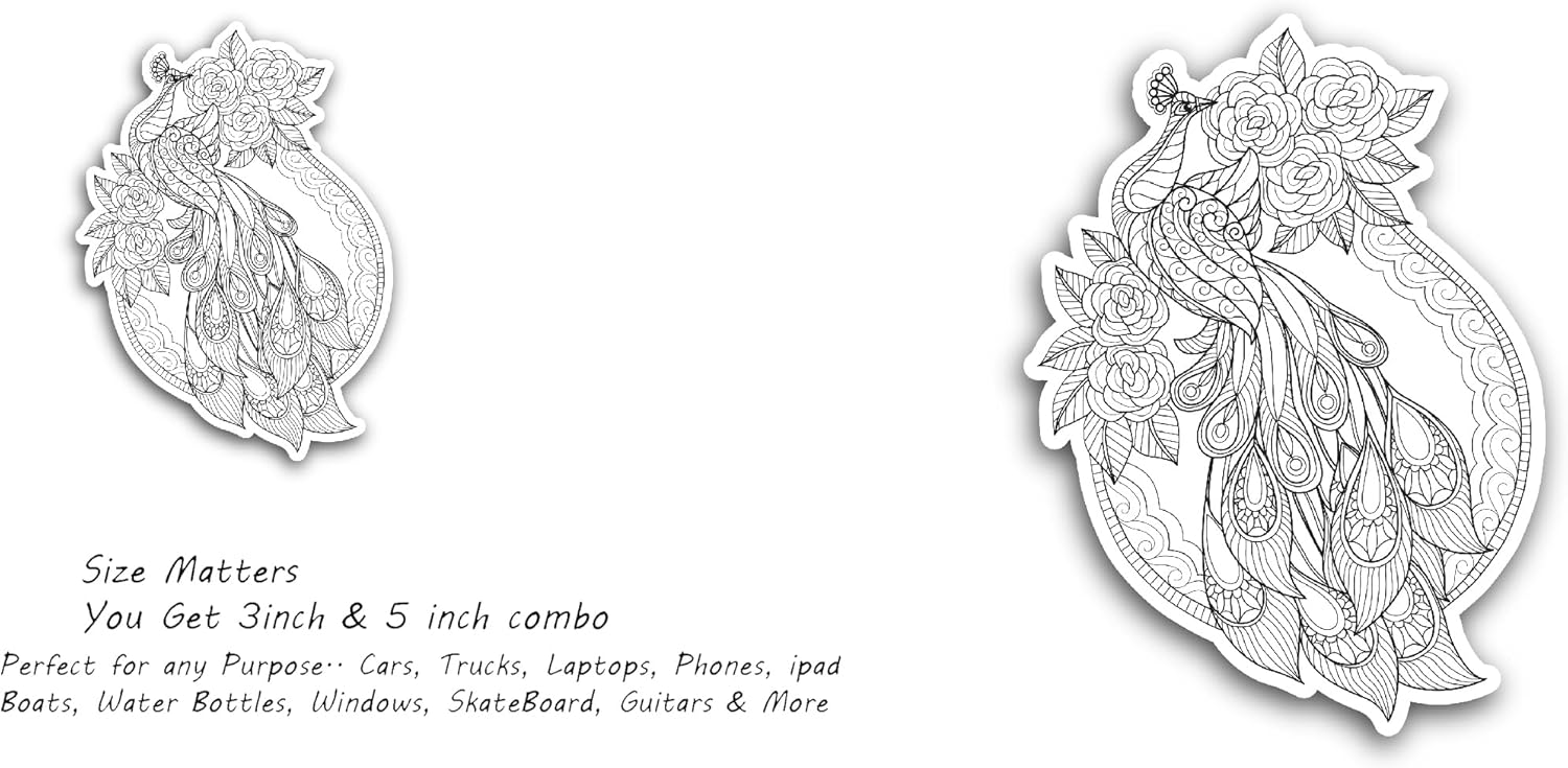 2 (Pieces) 3" and 5" Peacock and Flowers Sticker, Waterproof Vinyl Decals for Many Purpose Like Cars, Trucks, Laptops, Phones, Windows and More