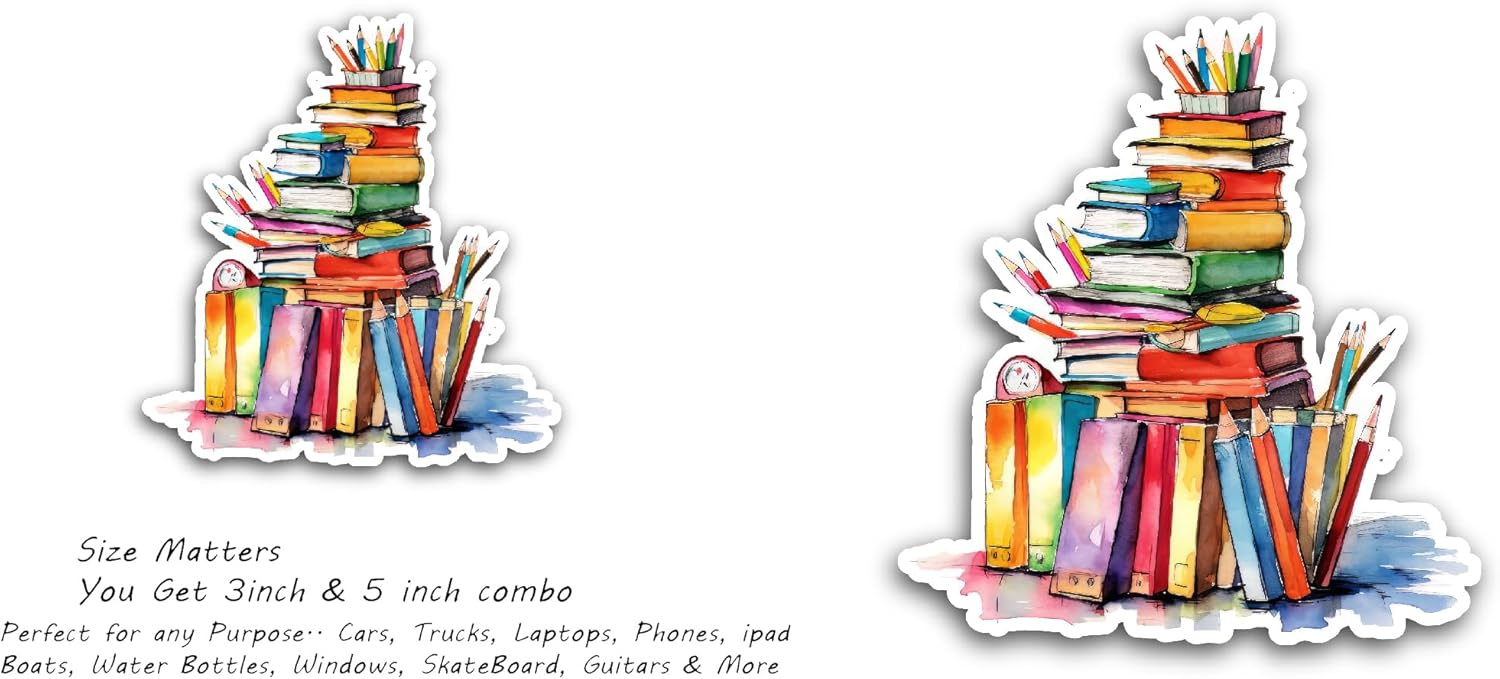 2 (Pieces) 3" and 5" Stack of Books Sticker, Waterproof Vinyl Decals for Many Purpose Like Cars, Trucks, Laptops, Phones, Windows and More