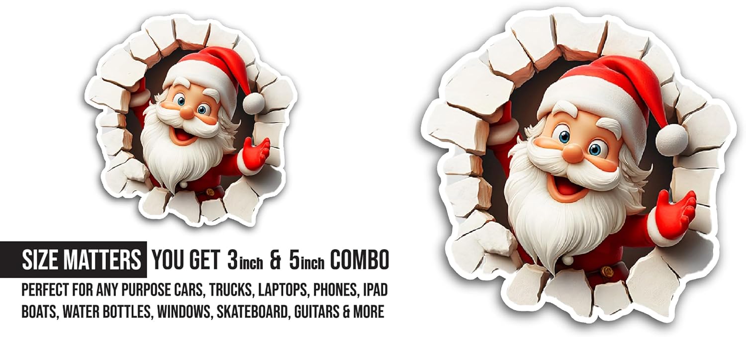2 (Pieces) 3" and 5" Cartoon Santa Breaking Through A Hole Sticker, Waterproof Vinyl Decals for Many Purpose Like Cars, Trucks, Laptops, Phones, Windows and More