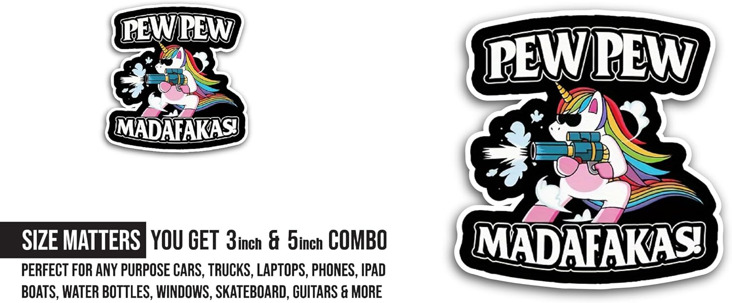 2 (Pieces) 3" and 5" Pew Pew Madafakas Text Sticker, Waterproof Vinyl Decals for Many Purpose Like Cars, Trucks, Laptops, Phones, Windows and More