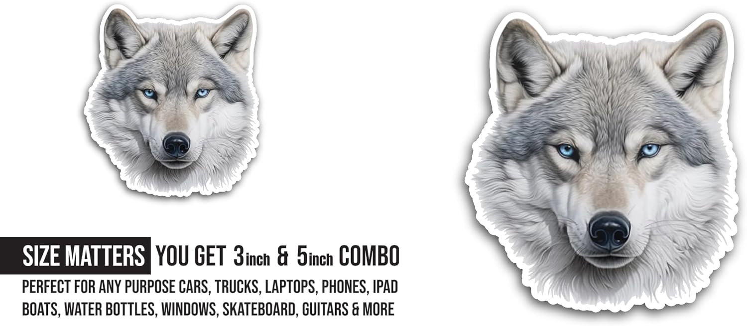 2 (Pieces) 3" and 5" White Wolf Sticker, Waterproof Vinyl Decals for Many Purpose Like Cars, Trucks, Laptops, Phones, Windows and More