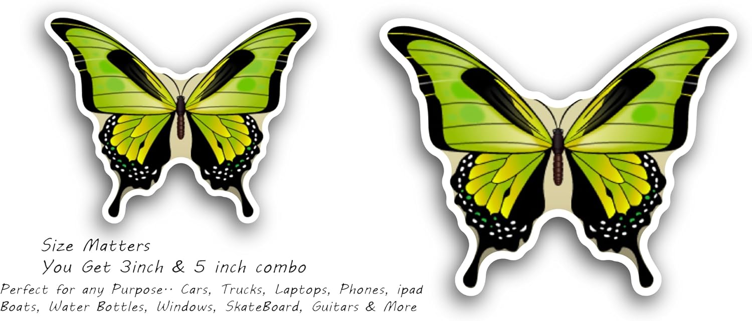 2 (Pieces) 3" and 5" Yellow Green Butterfly Sticker, Waterproof Vinyl Decals for Many Purpose Like Cars, Trucks, Laptops, Phones, Windows and More