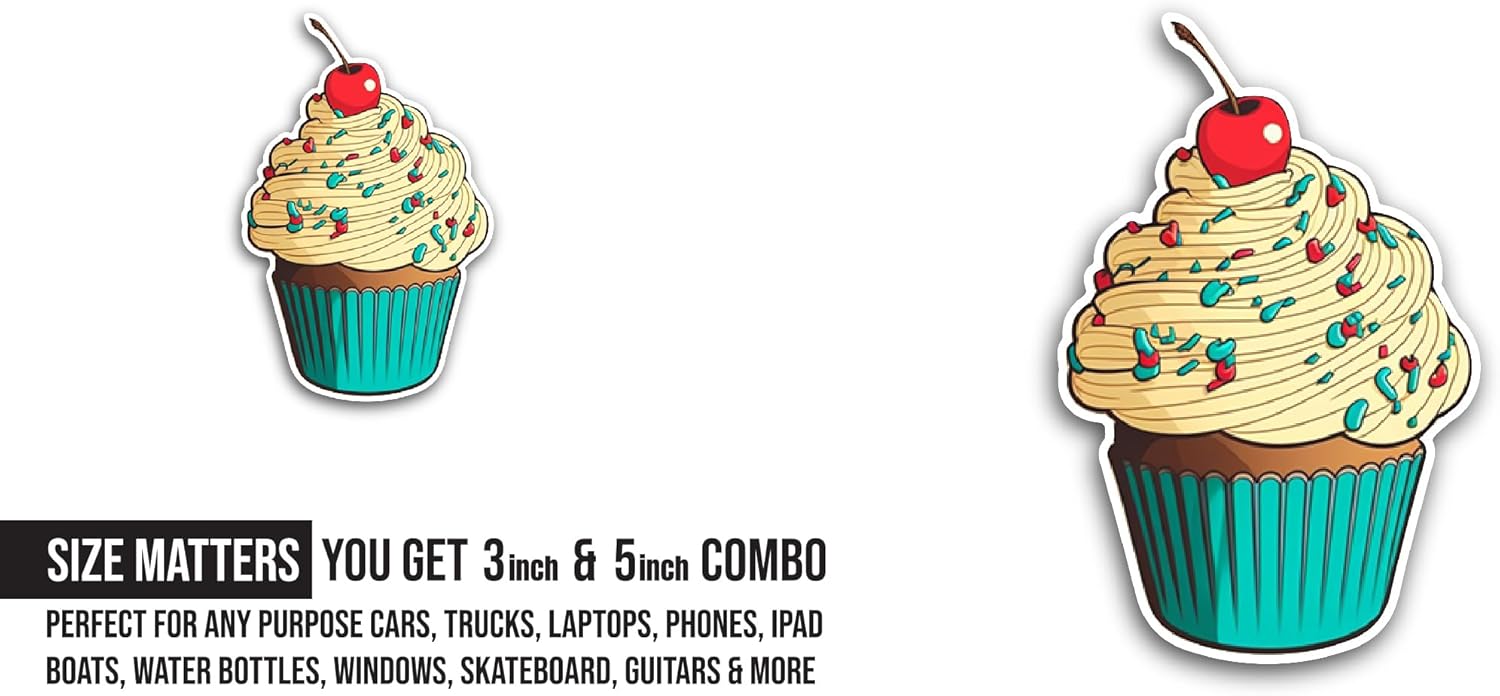 2 (Pieces) 3" and 5" Blue Cupcake with Cream Sticker, Waterproof Vinyl Decals for Many Purpose Like Cars, Trucks, Laptops, Phones, Windows and More