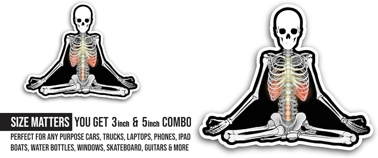 2 (Pieces) 3" and 5" Skeleton Sitting in A Yoga Pose Sticker, Waterproof Vinyl Decals for Many Purpose Like Cars, Trucks, Laptops, Phones, Windows and More