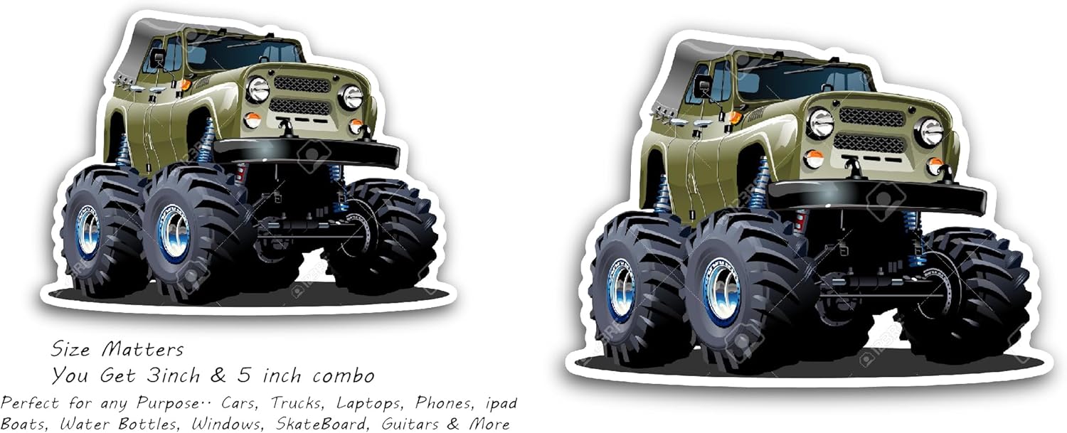 2 (Pieces) 3" and 5"Cartoon Monster Jeep Sticker, Waterproof Vinyl Decals for Many Purpose Like Cars, Trucks, Laptops, Phones, Windows and More