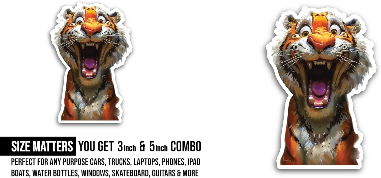 2 (Pieces) 3" and 5" Happy Tiger Sticker, Waterproof Vinyl Decals for Many Purpose Like Cars, Trucks, Laptops, Phones, Windows and More