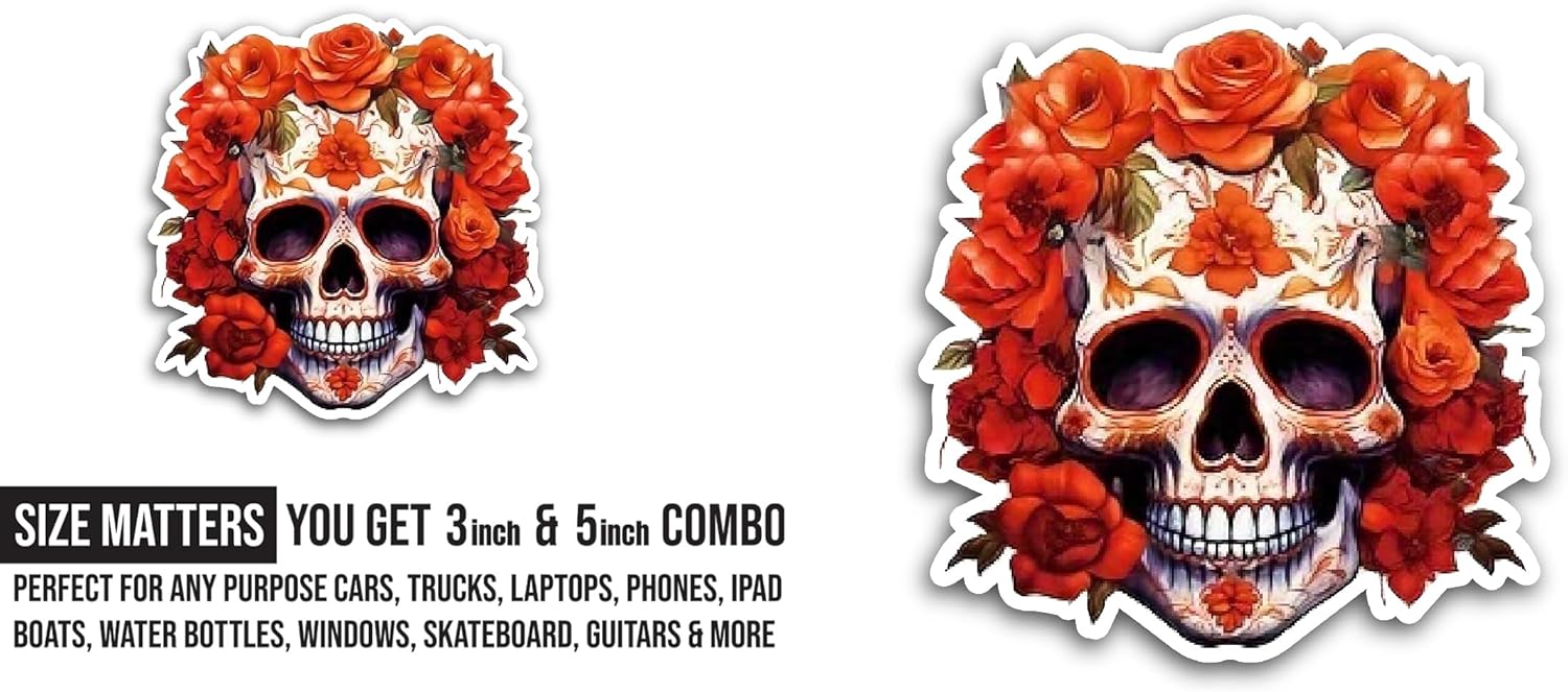 2 (Pieces) 3" and 5" Skull Made of Roses Sticker, Waterproof Vinyl Decals for Many Purpose Like Cars, Trucks, Laptops, Phones, Windows and More