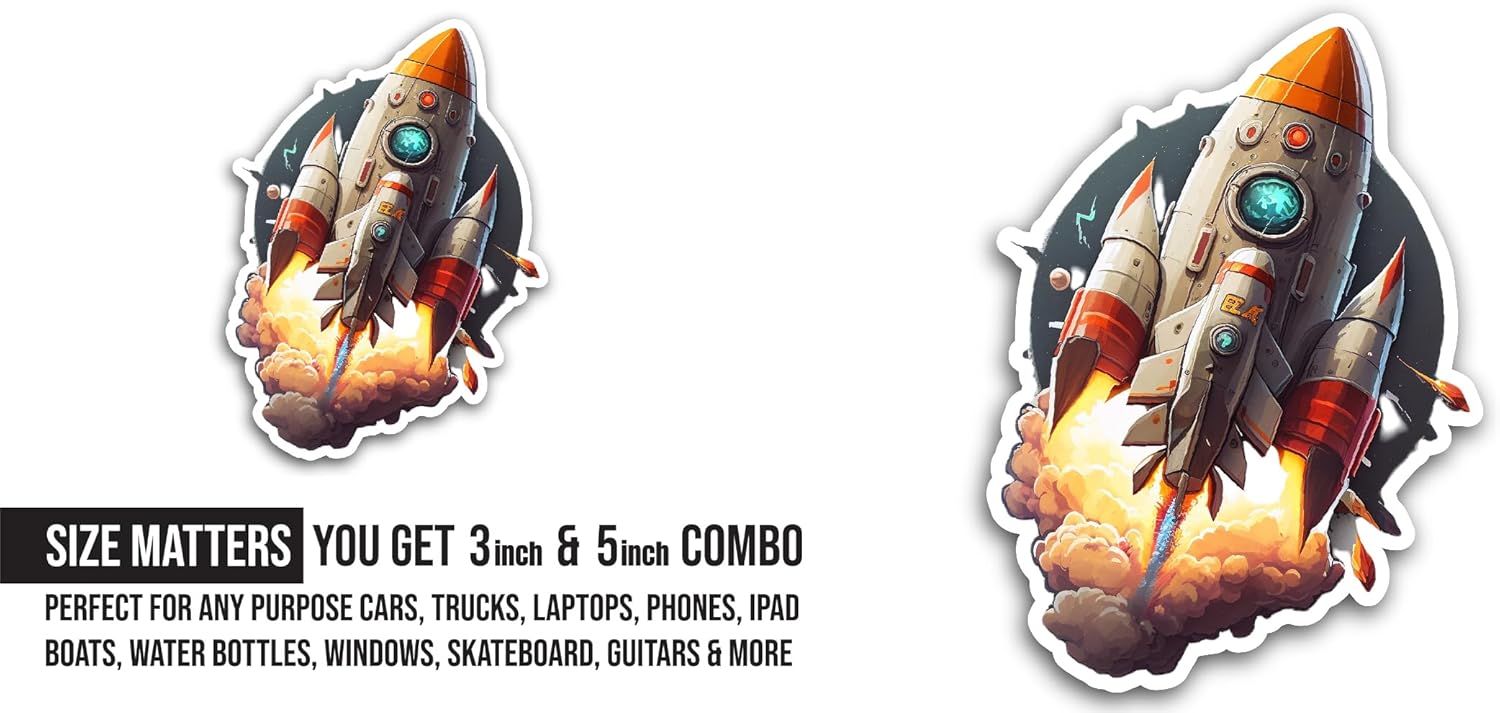 2 (Pieces) 3" and 5" Rocket Launch Sticker, Waterproof Vinyl Decals for Many Purpose Like Cars, Trucks, Laptops, Phones, Windows and More