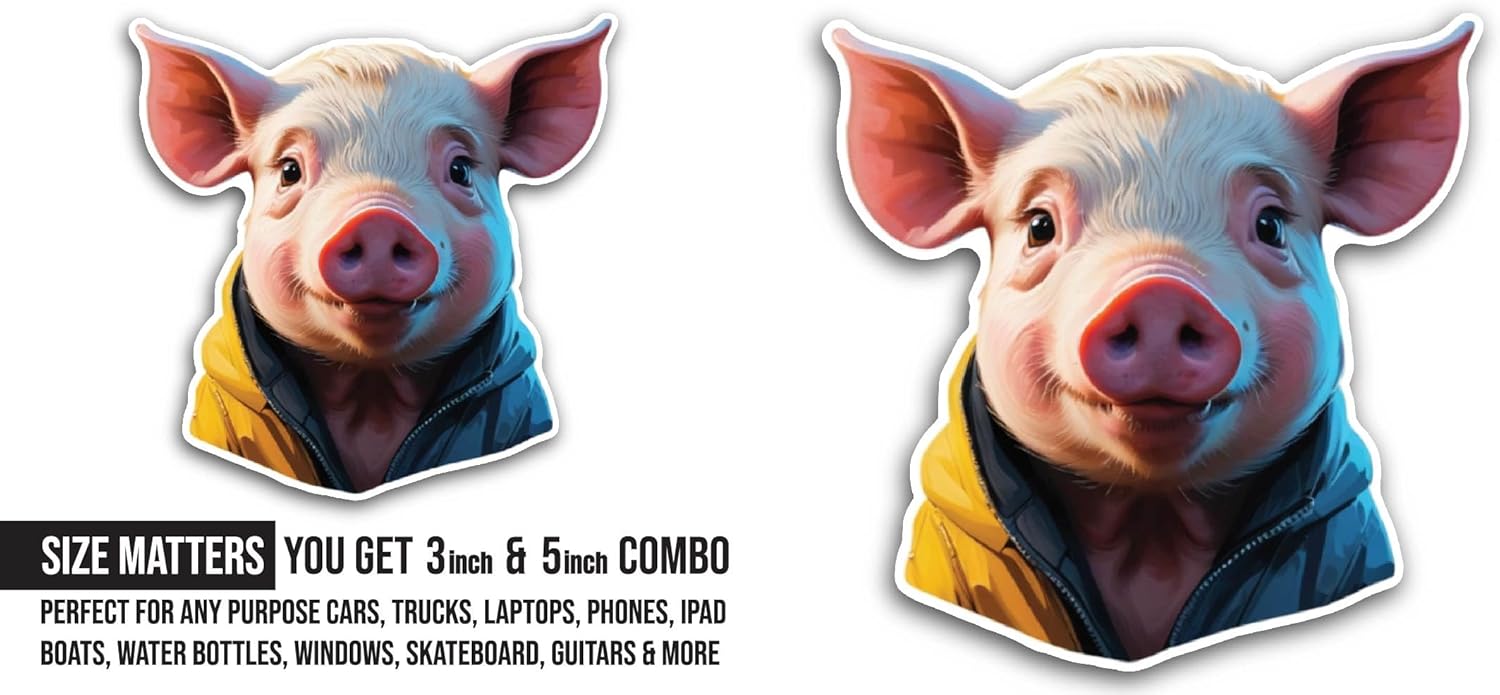 2 (Pieces) 3" and 5" Cute Pig Portrait Sticker, Waterproof Vinyl Decals for Many Purpose Like Cars, Trucks, Laptops, Phones, Windows and More