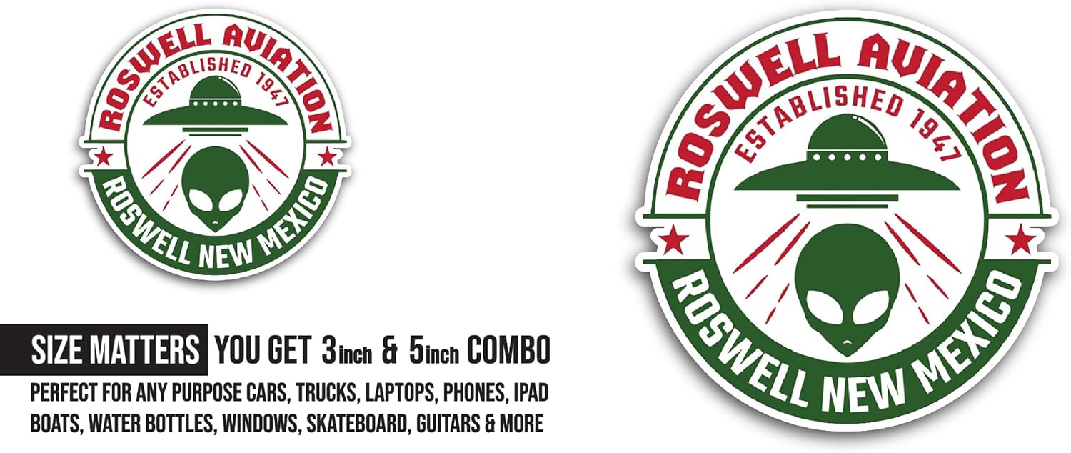 2 (Pieces) 3" and 5" Roswell Aviation Sticker, Waterproof Vinyl Decals for Many Purpose Like Cars, Trucks, Laptops, Phones, Windows and More