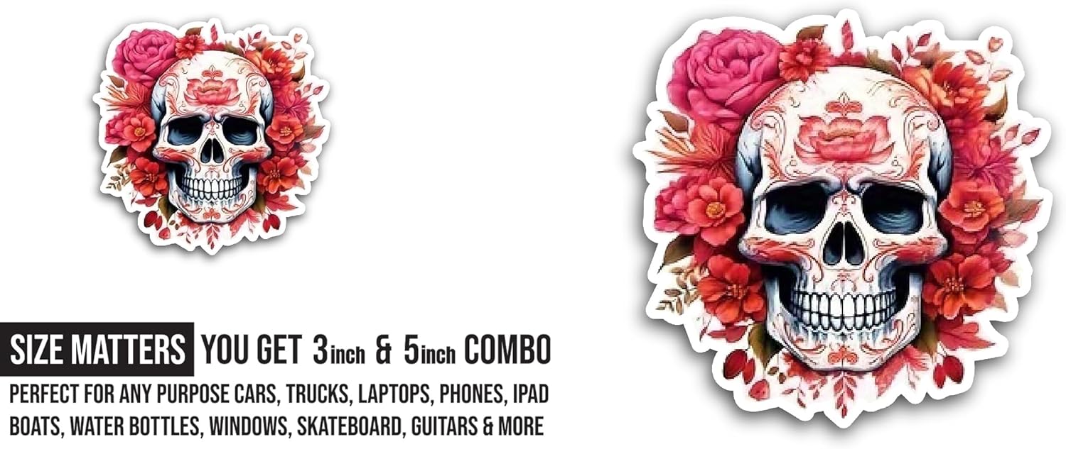 2 (Pieces) 3" and 5" Skull with Roses Sticker, Waterproof Vinyl Decals for Many Purpose Like Cars, Trucks, Laptops, Phones, Windows and More