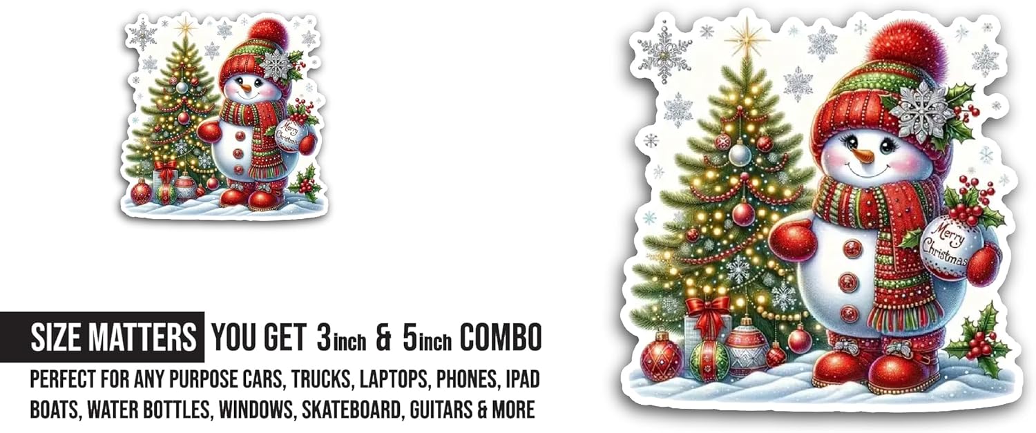 2 (Pieces) 3" and 5" Cute Cartoon Snowman Sticker, Waterproof Vinyl Decals for Many Purpose Like Cars, Trucks, Laptops, Phones, Windows and More