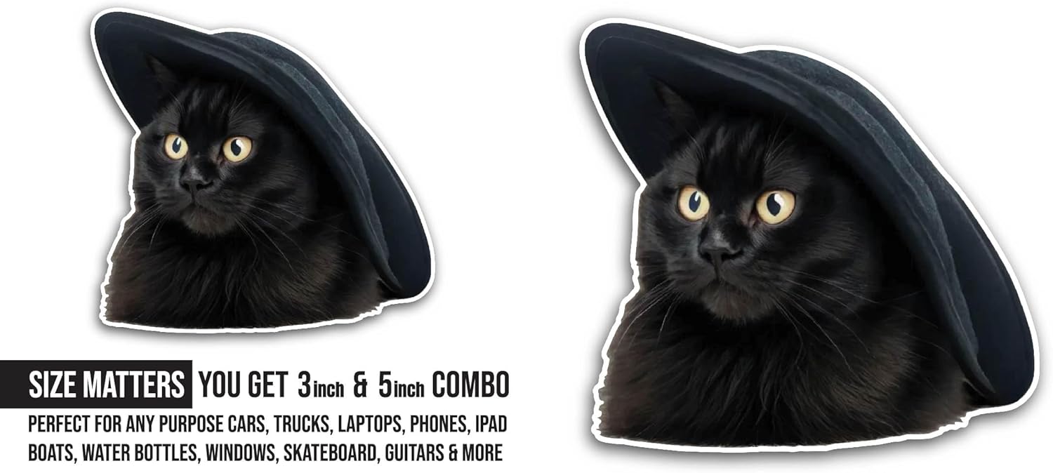 2 (Pieces) 3" and 5" Black Cat Sticker, Waterproof Vinyl Decals for Many Purpose Like Cars, Trucks, Laptops, Phones, Windows and More