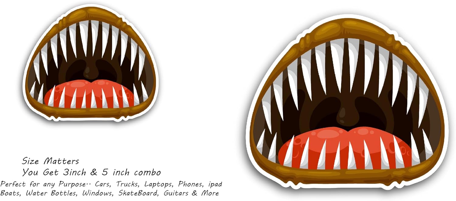 2 (Pieces) 3" and 5" Monster Mouth, Waterproof Vinyl Decals for Many Purpose Like Cars, Trucks, Laptops, Phones, Windows and More