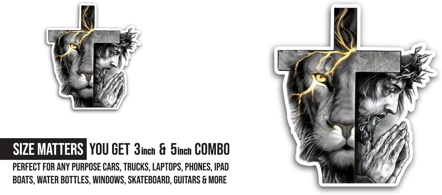 2 (Pieces) 3" and 5" Lion and Jesus Sticker, Waterproof Vinyl Decals for Many Purpose Like Cars, Trucks, Laptops, Phones, Windows and More